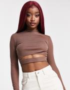 Asos Design Long Sleeve Crop Top With Under Bust Cut Out In Brown