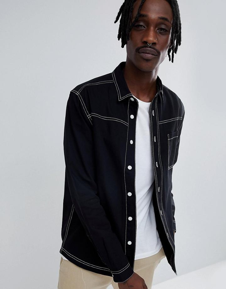 Asos Design Washed Overshirt Shirt With Contrast Stitching In Black - Black