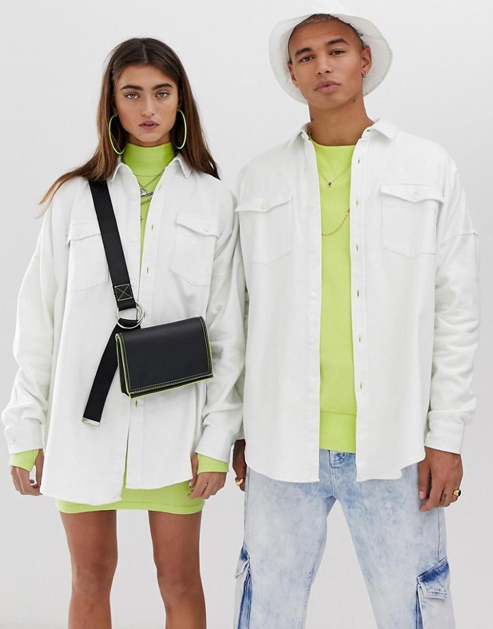 Collusion Unisex Drop Shoulder Oversized Heavy Twill Shirt With Contrast Stitch - White