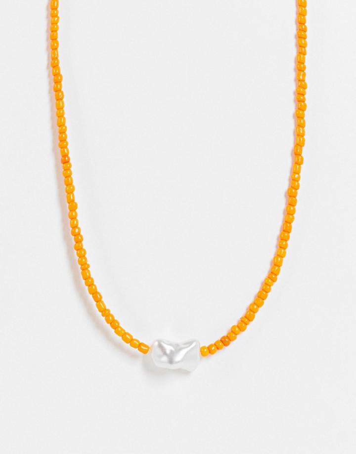 Designb London Beaded Necklace With Faux Pearl In Orange