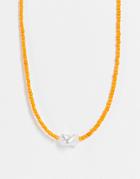 Designb London Beaded Necklace With Faux Pearl In Orange
