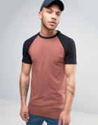 Asos Longline Muscle T-shirt With Contrast Raglan Sleeves - Red