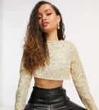 Club L London Petite Sequin Long Sleeve Crop Top In Light Gold