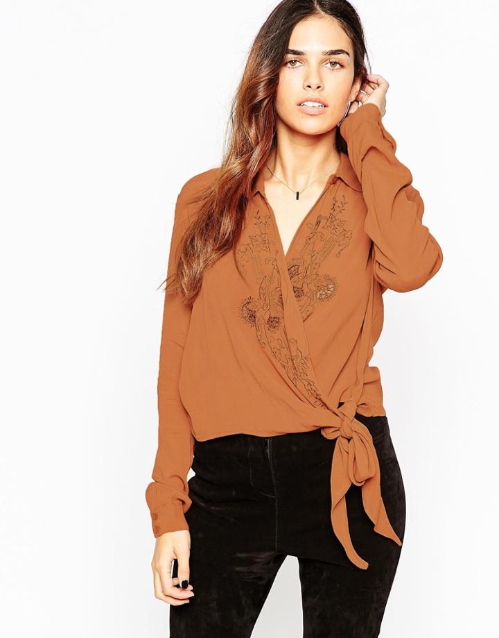 Asos Wrap Blouse With Floral Embroidery - Tan