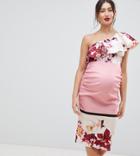 True Violet Maternity One Shoulder Midi Dress With Placement Floral Print - Pink