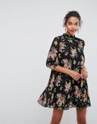 Asos High Neck Pleated Mini Floral Dress - Multi