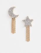 Asos Design Earrings In Crystal Moon And Star Design With Chain Drop In Gold - Gold