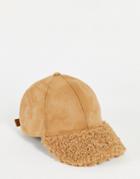 Topshop Suedette Sherpa Mix Cap In Beige-brown