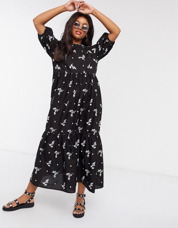 Asos Design Tiered Cotton Smock Midi Dress In Mono Floral Print-multi