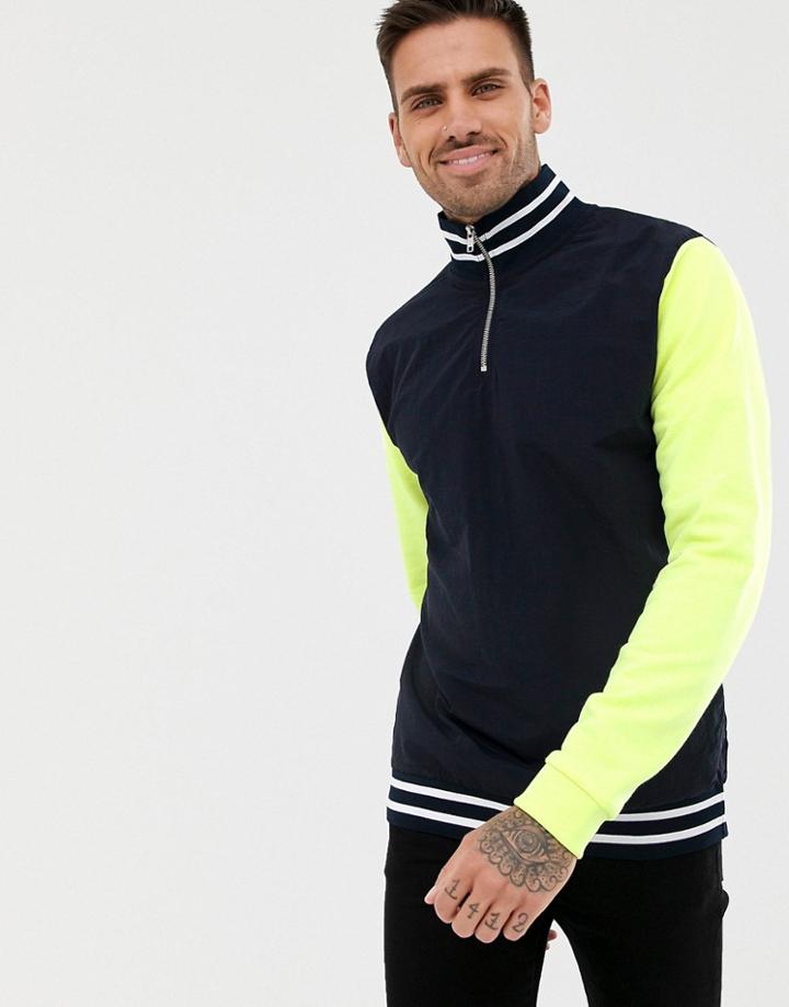 Asos Oversized Woven Half Zip Track Sweatshirt With Contrast Sleeves-navy