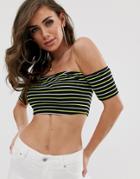 Asos Design Off Shoulder Top With Short Sleeve In Neon Stripe-black