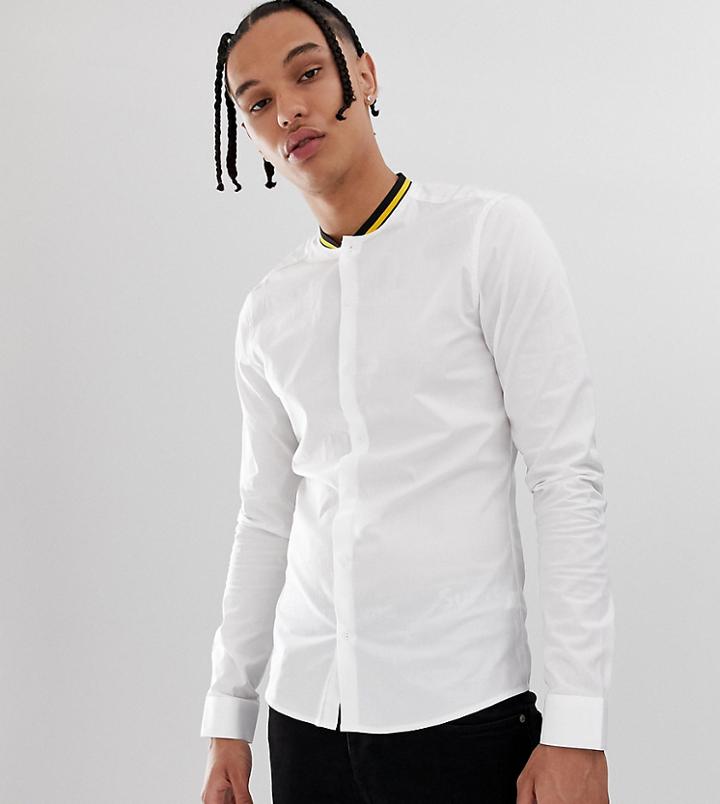 Asos Design Tall Skinny Fit White Shirt With Contrast Rib Collar