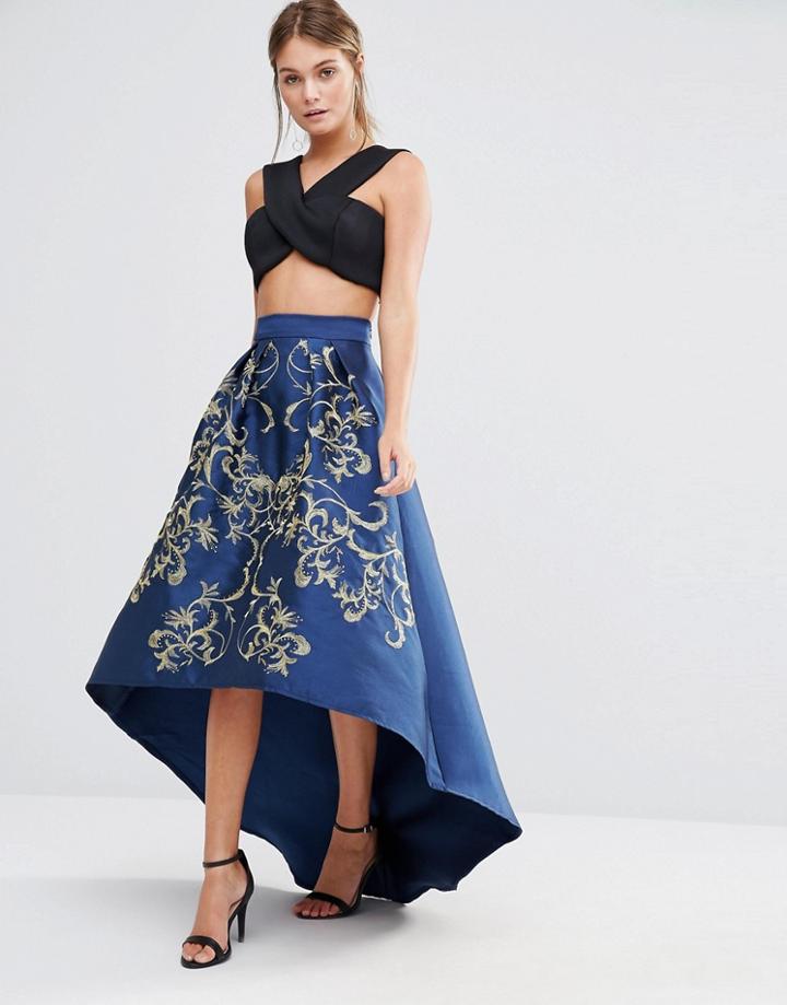 Chi Chi London Premium Full Midi Skirt With Gold Embroidery - Navy