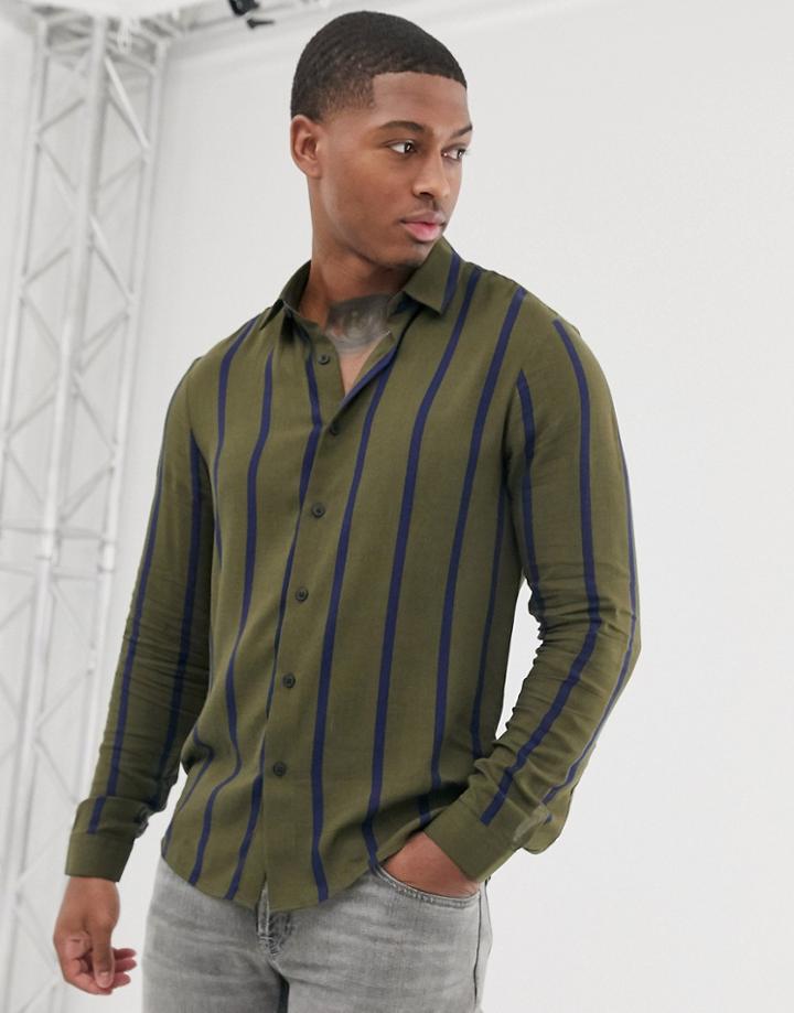 Asos Design Regular Fit Stripe Shirt In Green And Navy