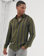 Asos Design Regular Fit Stripe Shirt In Green And Navy