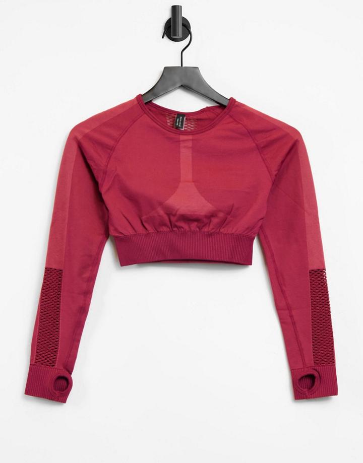 South Beach Seamless Fishnet Long Sleeve Crop Top In Dusty Pink