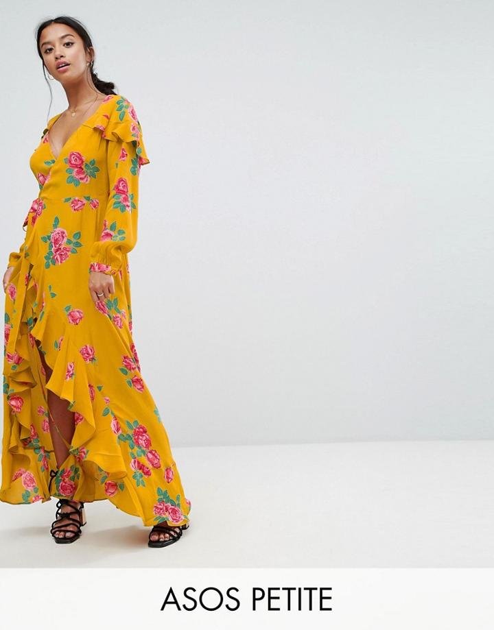 Asos Petite Wrap Maxi Dress In Yellow Floral - Yellow