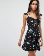Ebonie N Ivory Tie Front Cami Tea Dress In Cherry Print - Black
