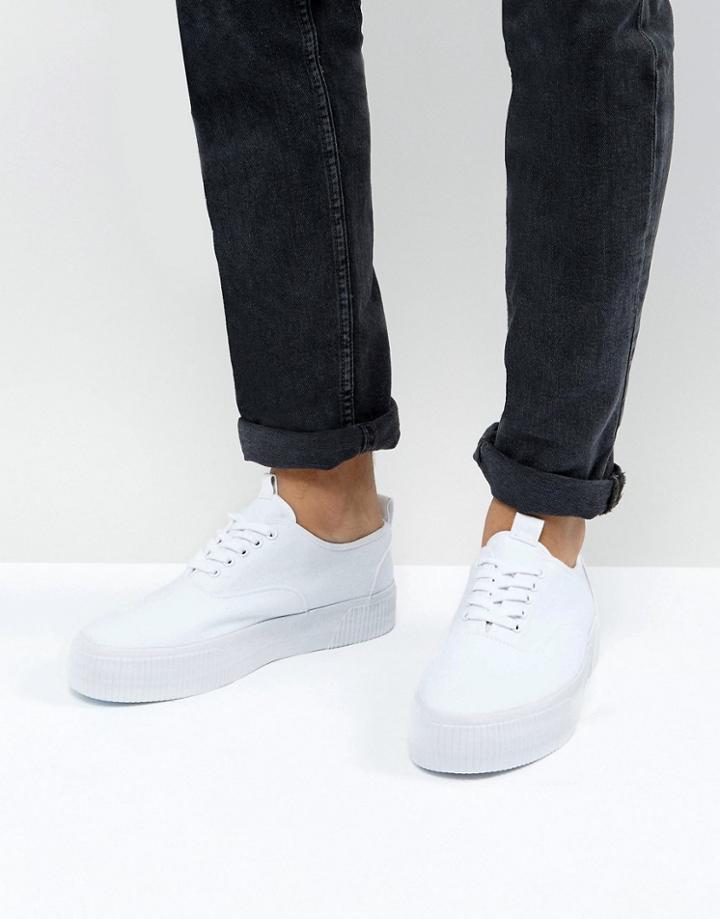 Asos Lace Up Sneakers In White Canvas With Chunky Sole - White