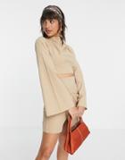 Asos Design Long Sleeve Top In Cotton Twill Set-neutral