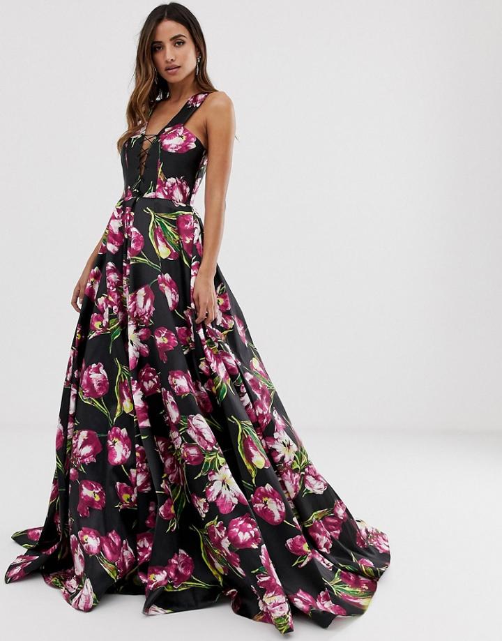 Jovani Floral A Line Maxi Dress With Strap Detail - Black
