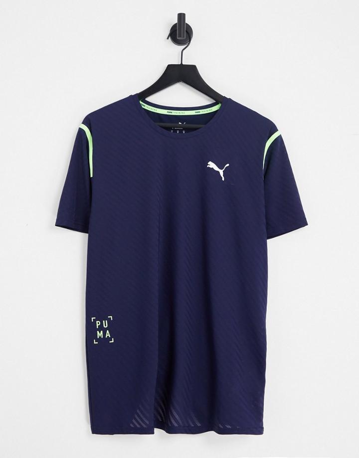 Puma Training T-shirt With Yellow Piping In Navy Stripe