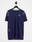 Puma Training T-shirt With Yellow Piping In Navy Stripe