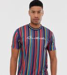 Asos Design Tall Relaxed T-shirt In Vertical Stripe With Aesthetic Print - Multi