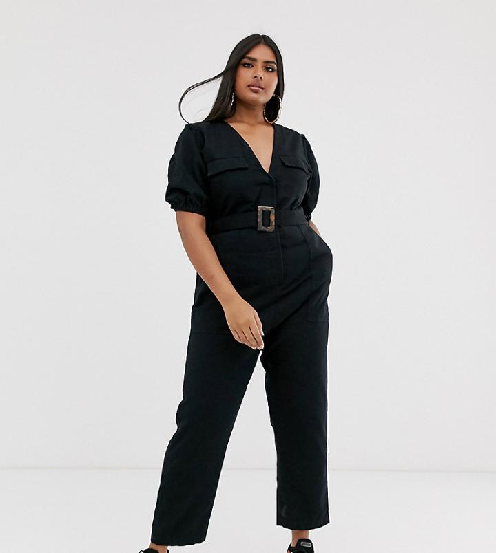 Asos Design Curve Denim Belted Jumpsuit With Banana Leg-black