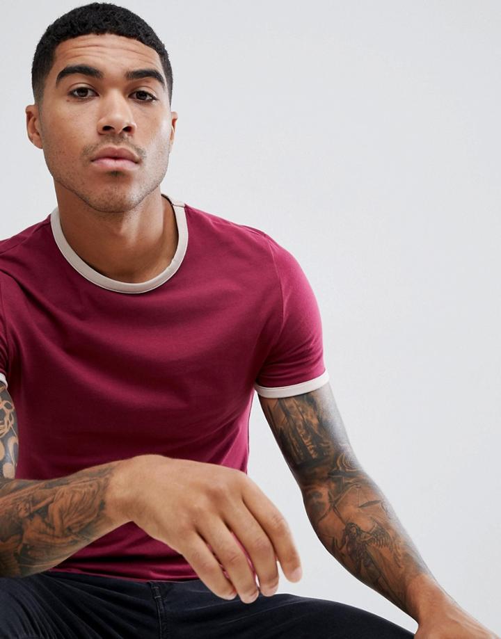 Asos Design Muscle Fit T-shirt With Contrast Ringer In Red - Red