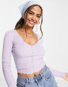 Miss Selfridge Lilac Long Sleeve Faux Pearl V Neck Rib Top-purple