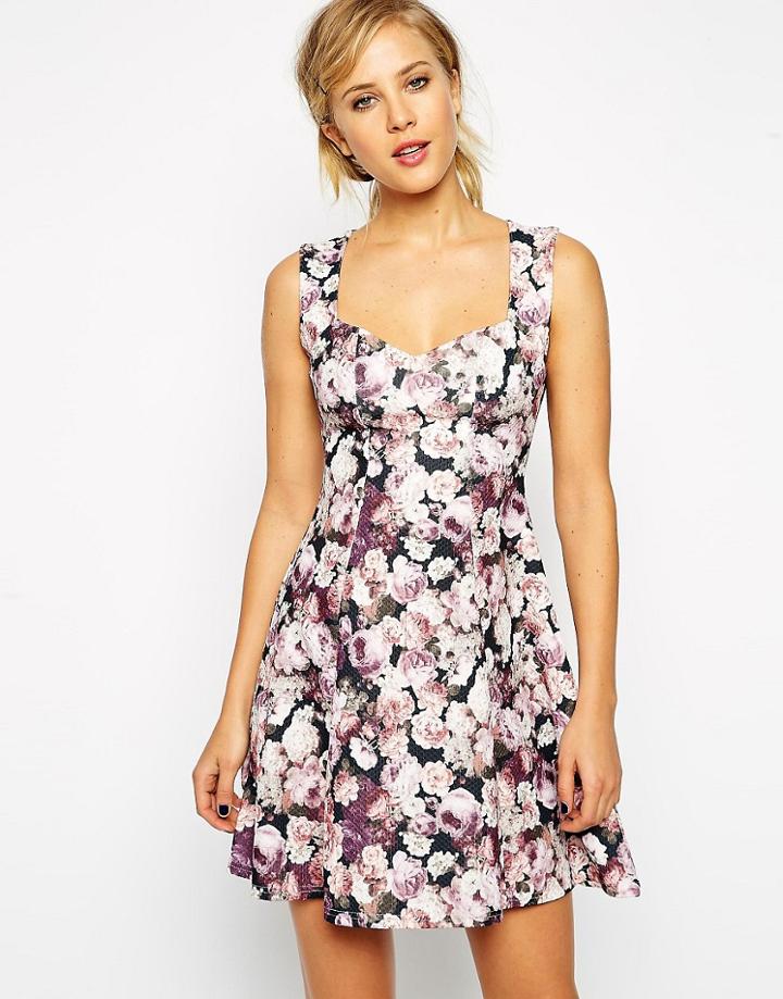 Asos Skater Dress With Sweetheart Neck In Fall Floral Textured Print - Multi