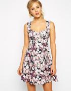 Asos Skater Dress With Sweetheart Neck In Fall Floral Textured Print - Multi