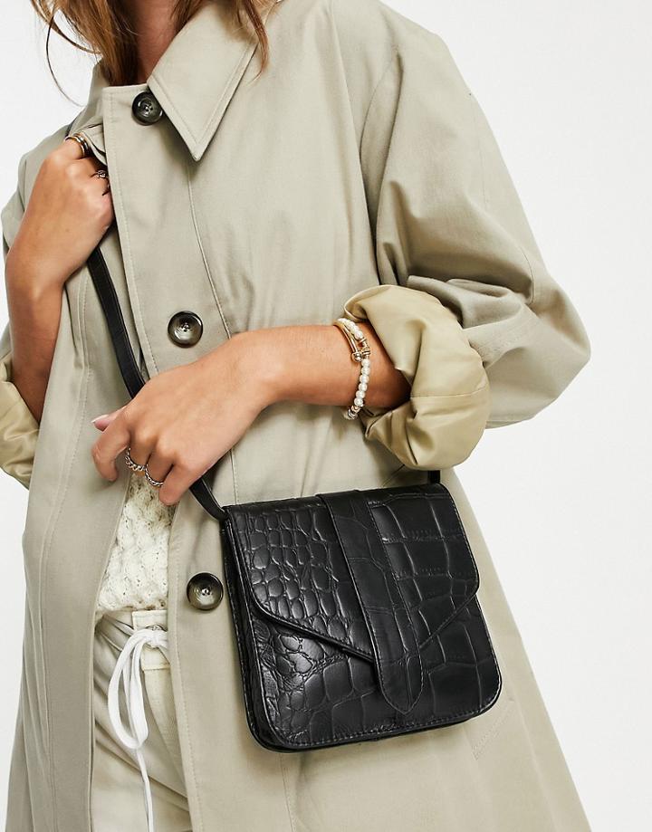 Urbancode Leather Croc Print Crossbody Bag In Black