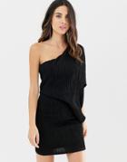 Asos Design One Shoulder Mini Dress In Glitter Plisse - Black