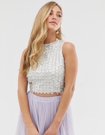 Lace & Beads Embellished Crop Top In White And Silver Iridescent