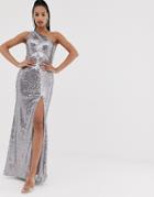 Bariano One Shoulder Sequin Gown With Thigh Split In Silver - Silver