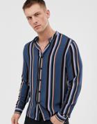 Asos Design Regular Fit Stripe Shirt With Grandad Collar - Blue
