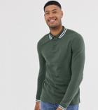 Asos Design Tall Long Sleeve Tipped Pique Polo Shirt In Khaki-green