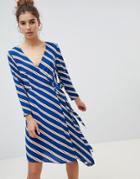 New Look Wrap Asymmetric Stripe Midi Dress - Blue