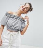 Reclaimed Vintage Inspired Off The Shoulder Gingham Crop Top With Broderie Trim - Multi