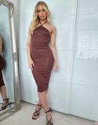 Asos Design Skinny Halter Open Back Midi Dress In Chocolate-brown