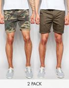 Asos 2 Pack Mid Length Slim Chino Shorts In Camo And Khaki Save 17%