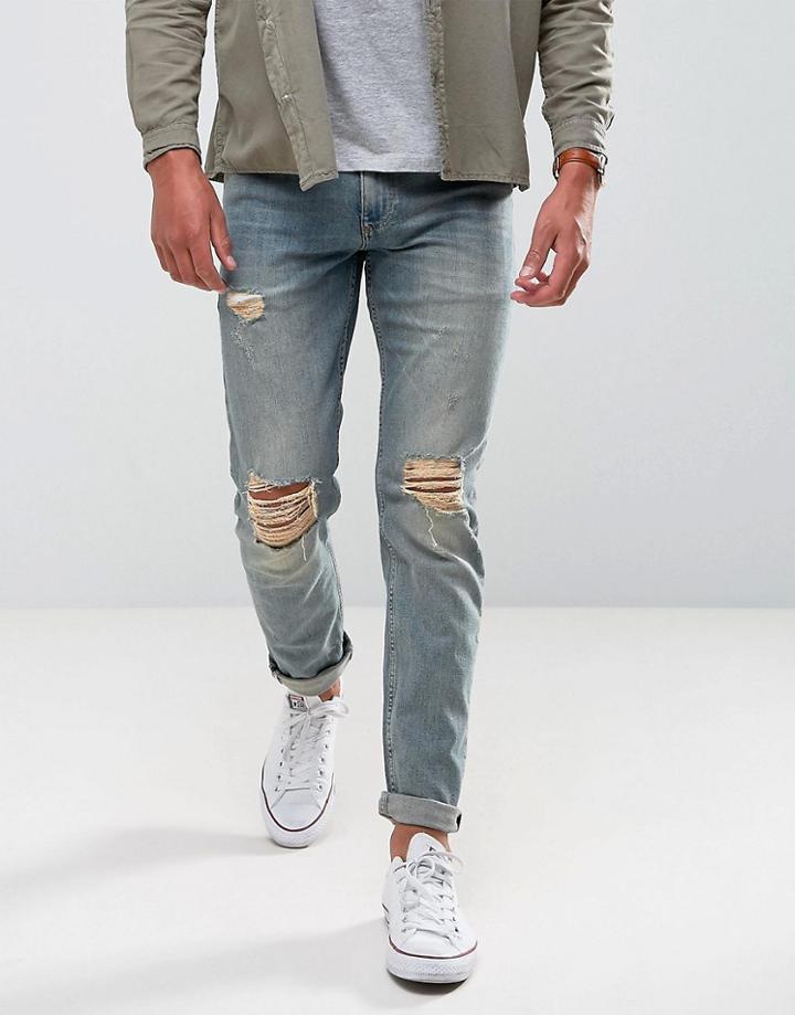 Asos Slim Jeans In Vintage Mid Wash With Knee Rips - Blue