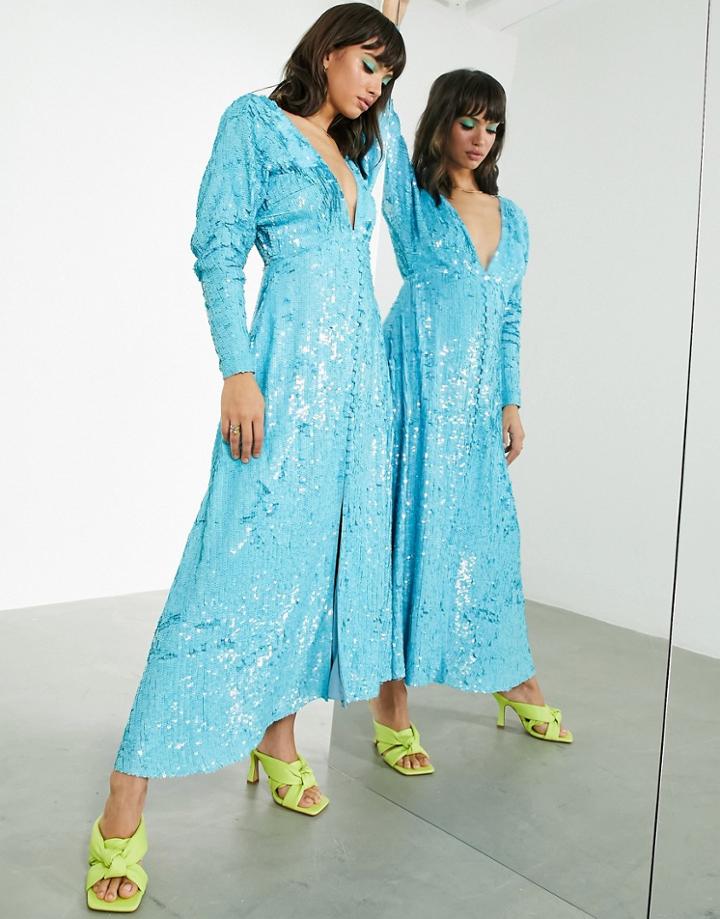 Asos Edition Button Through Midi Tea Dress In Sequin-blues