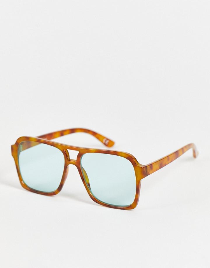 Topshop 70's Plastic Rectangle Sunglasses With Blue Lens-brown