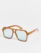 Topshop 70's Plastic Rectangle Sunglasses With Blue Lens-brown