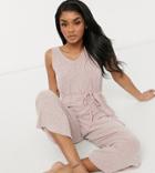 Asos Design Petite Mix & Match Lounge Super Soft Rib Jumpsuit With Waist Tie In Dusky Pink-red