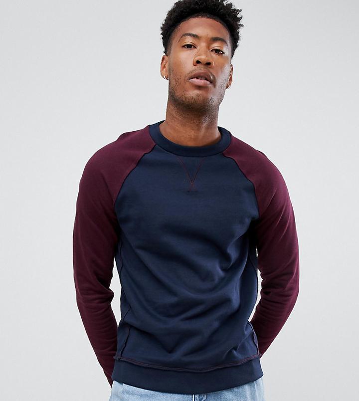 Asos Design Tall Sweatshirt With Contrast Raglan Sleeves And Raw Edge Seam Detail-navy