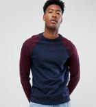 Asos Design Tall Sweatshirt With Contrast Raglan Sleeves And Raw Edge Seam Detail-navy